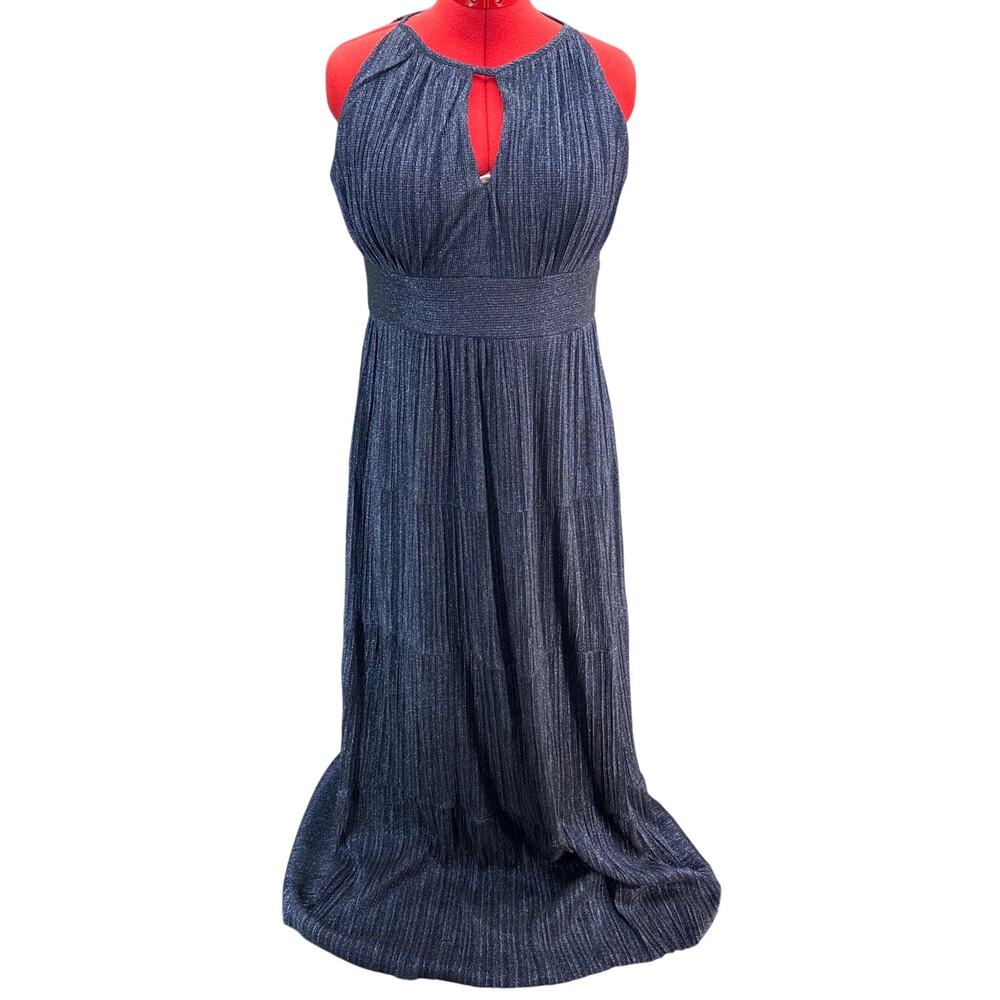 R&M Richards Black Metallic Pleated Halter Maxi Formal Evening Dress Women 14
